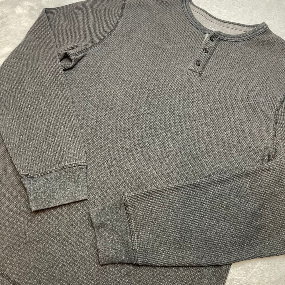 George Mens Waffle Knit Henley Thermal Shirt‎ Size M Gray Long Sleeve Crewneck